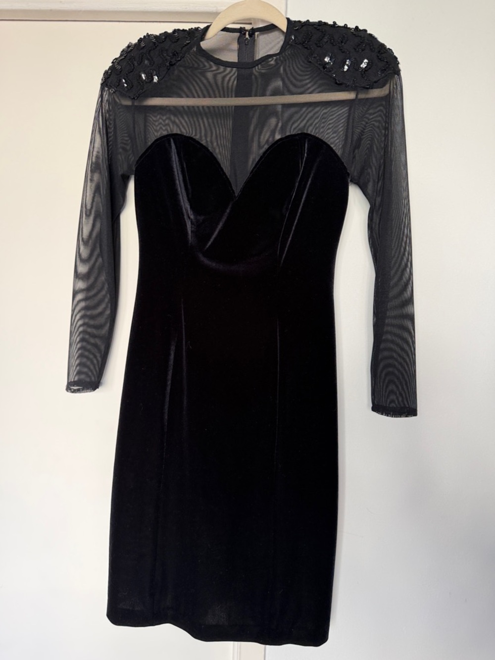 Betsy & Adam Black Velvet Sheer Long-Sleeve Cocktail Dress